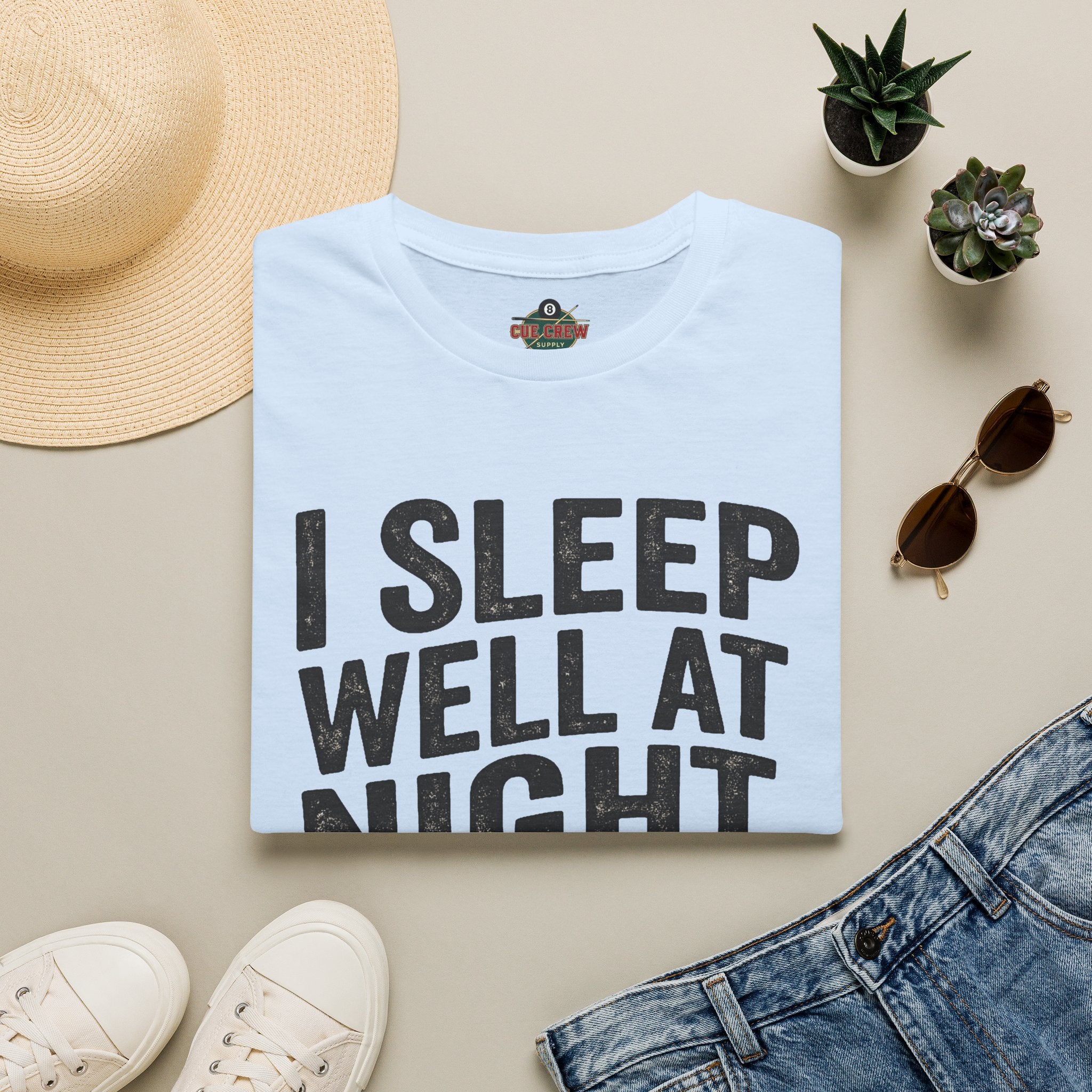 I Sleep Well at Night Funny Billiards T-Shirt – Pool Player 8 Ball Graphic Tee