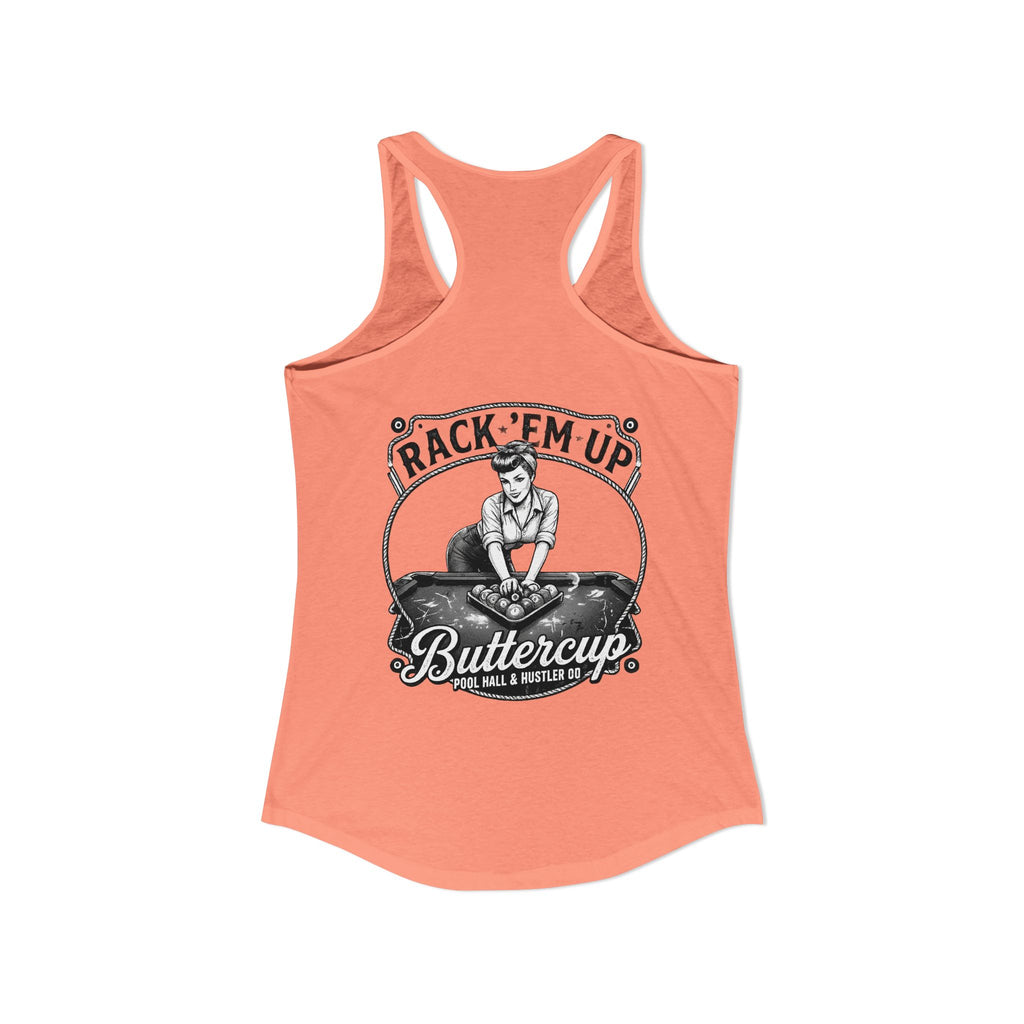 Rack 'Em Up Buttercup Women's Racerback Tank Top | Vintage Pool Hall Billiards Graphic Tank | Cue Crew Supply