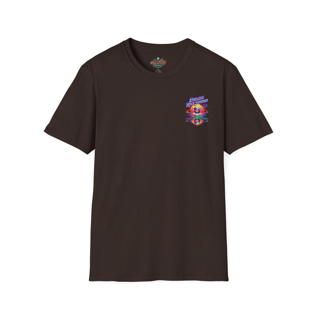 Endless Rack Summer Retro Sunset Billiards T-Shirt | Tropical 8 Ball Pool Player Graphic Tee | Front & Back Print