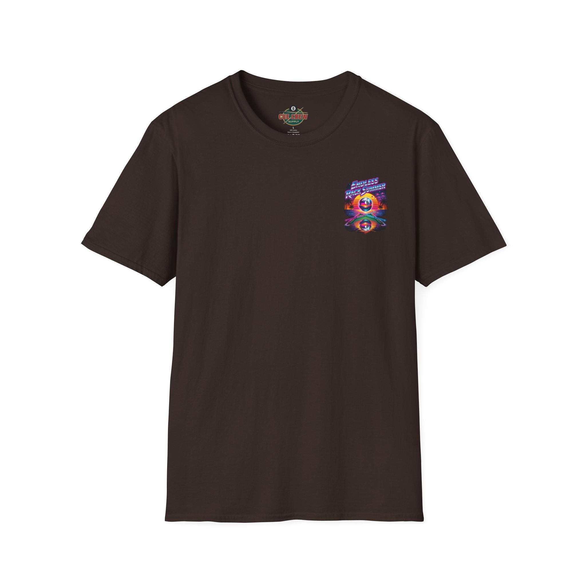 Endless Rack Summer Retro Sunset Billiards T-Shirt | Tropical 8 Ball Pool Player Graphic Tee | Front & Back Print