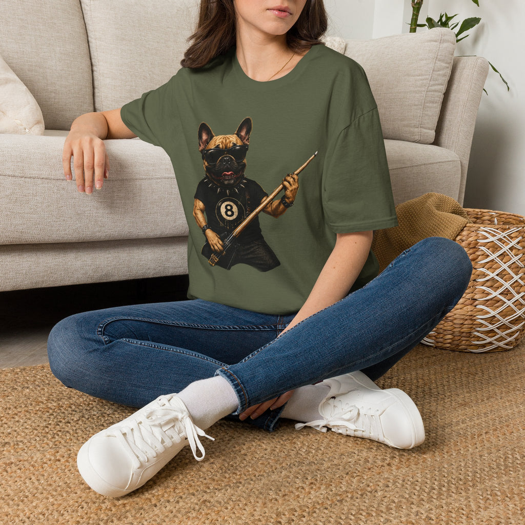 Rockin' French Bulldog Playing Cue Guitar Funny Billiards T-Shirt | Pool Dog Graphic Front Print Unisex Tee