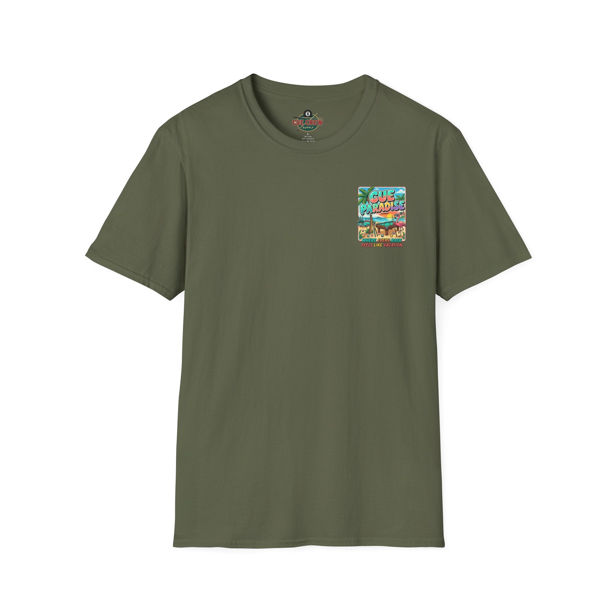 Cue Paradise Florida Billiards T-Shirt | Tropical Pool Player Beach Graphic Tee | Front & Back Print