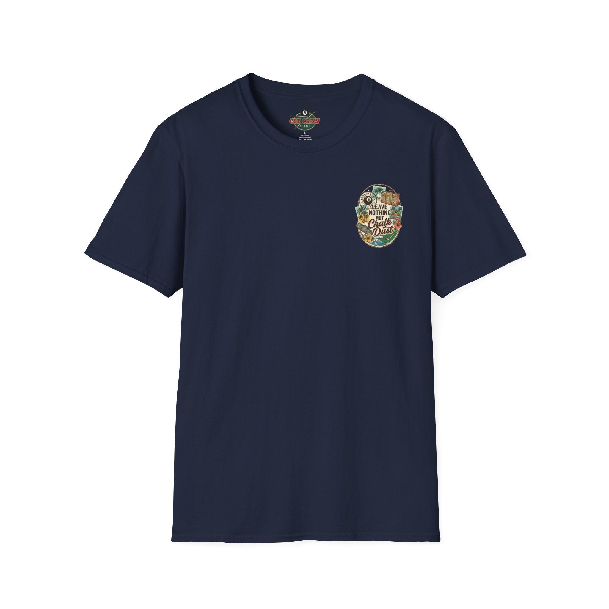 Leave Nothing But Chalk Dust | Tropical Pool Hall Vacation Billiards T-Shirt | Front & Back Graphic Tee