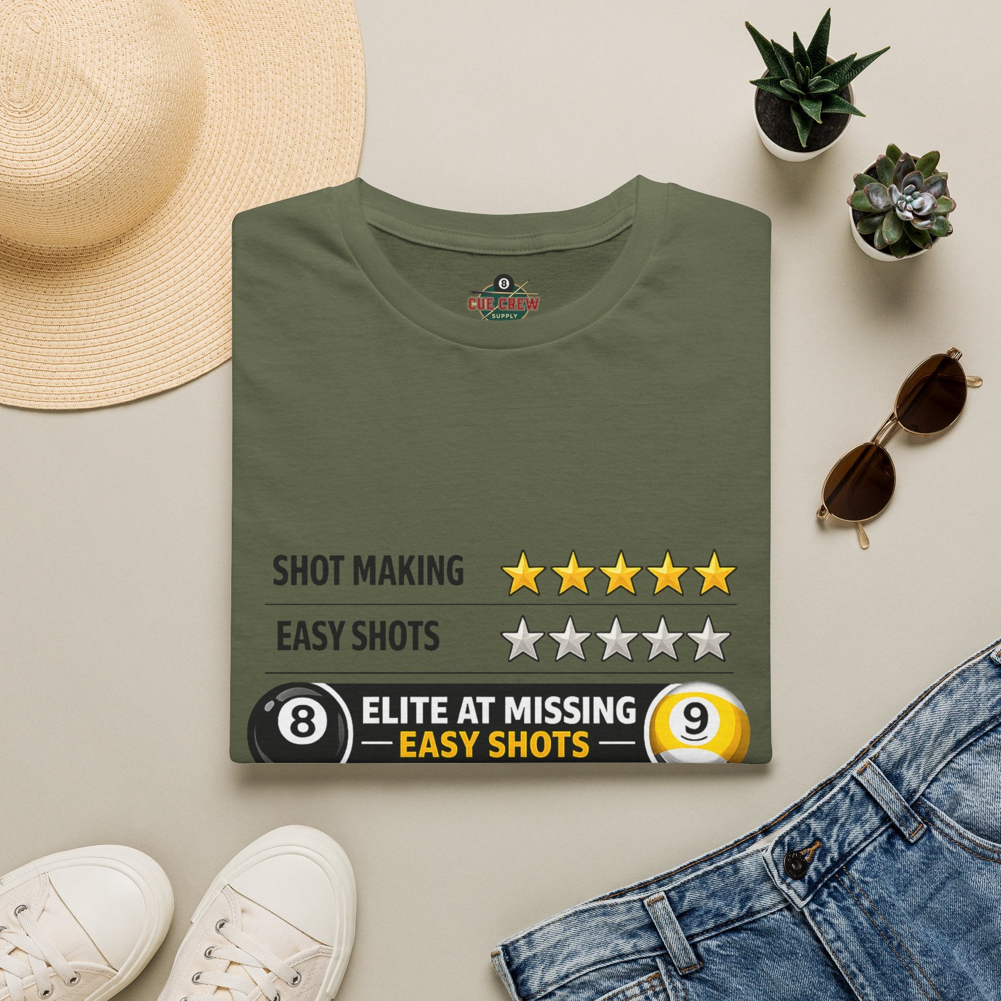 Elite At Missing Easy Shots Funny Billiards T-Shirt | 8 Ball & 9 Ball Graphic Unisex Tee | Front Print Only