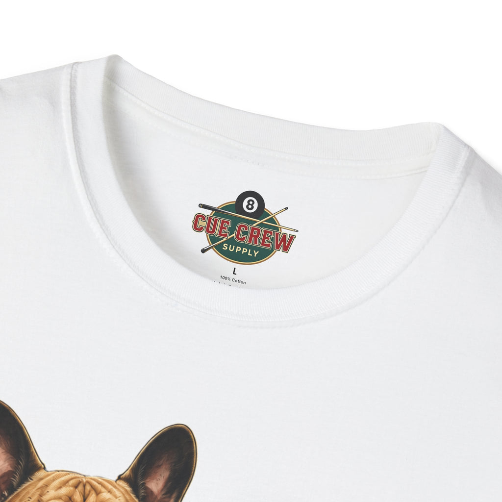 Rockin' French Bulldog Playing Cue Guitar Funny Billiards T-Shirt | Pool Dog Graphic Front Print Unisex Tee