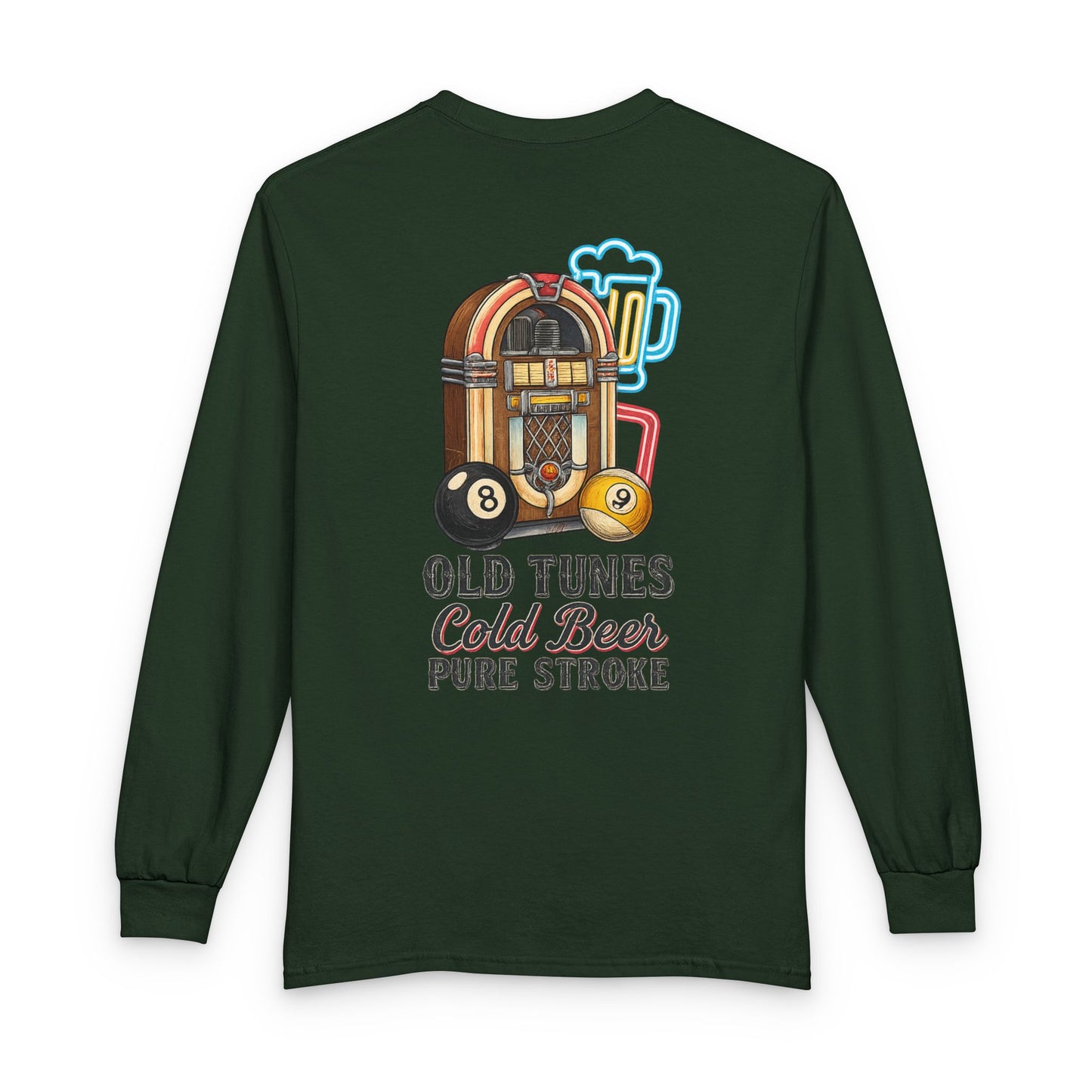 Old Tunes, Cold Beer, Pure Stroke Vintage Jukebox Billiards Long Sleeve Tee