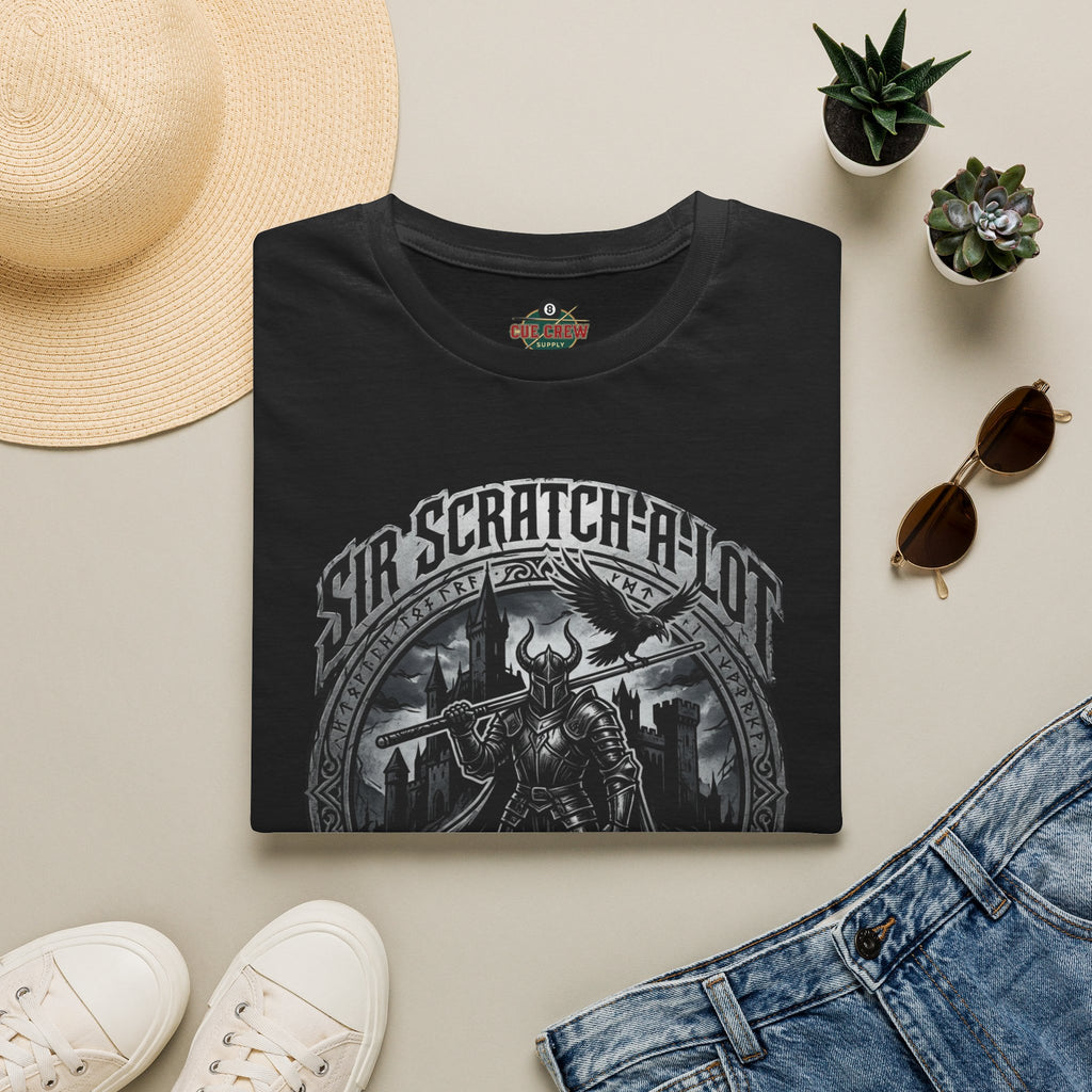 Sir Scratch-A-Lot Funny Billiards T-Shirt | Medieval Pool Knight Graphic | Front Only Print Unisex Tee