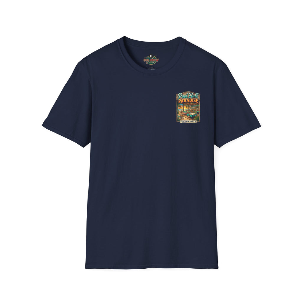 Pool Hall Paradise Tropical Billiards T-Shirt | Beach Bar Pool Player Graphic Tee | Front & Back Print
