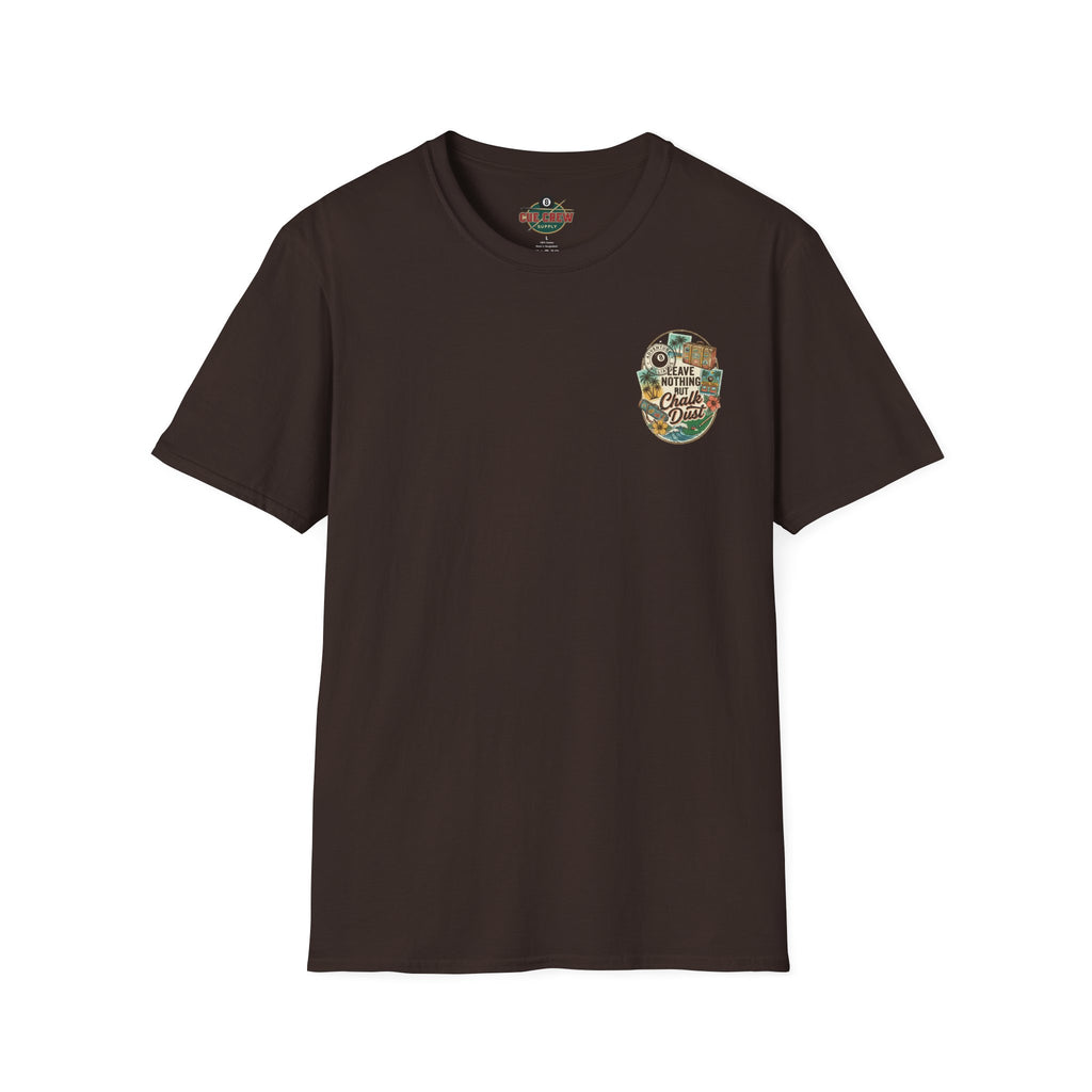Leave Nothing But Chalk Dust | Tropical Pool Hall Vacation Billiards T-Shirt | Front & Back Graphic Tee