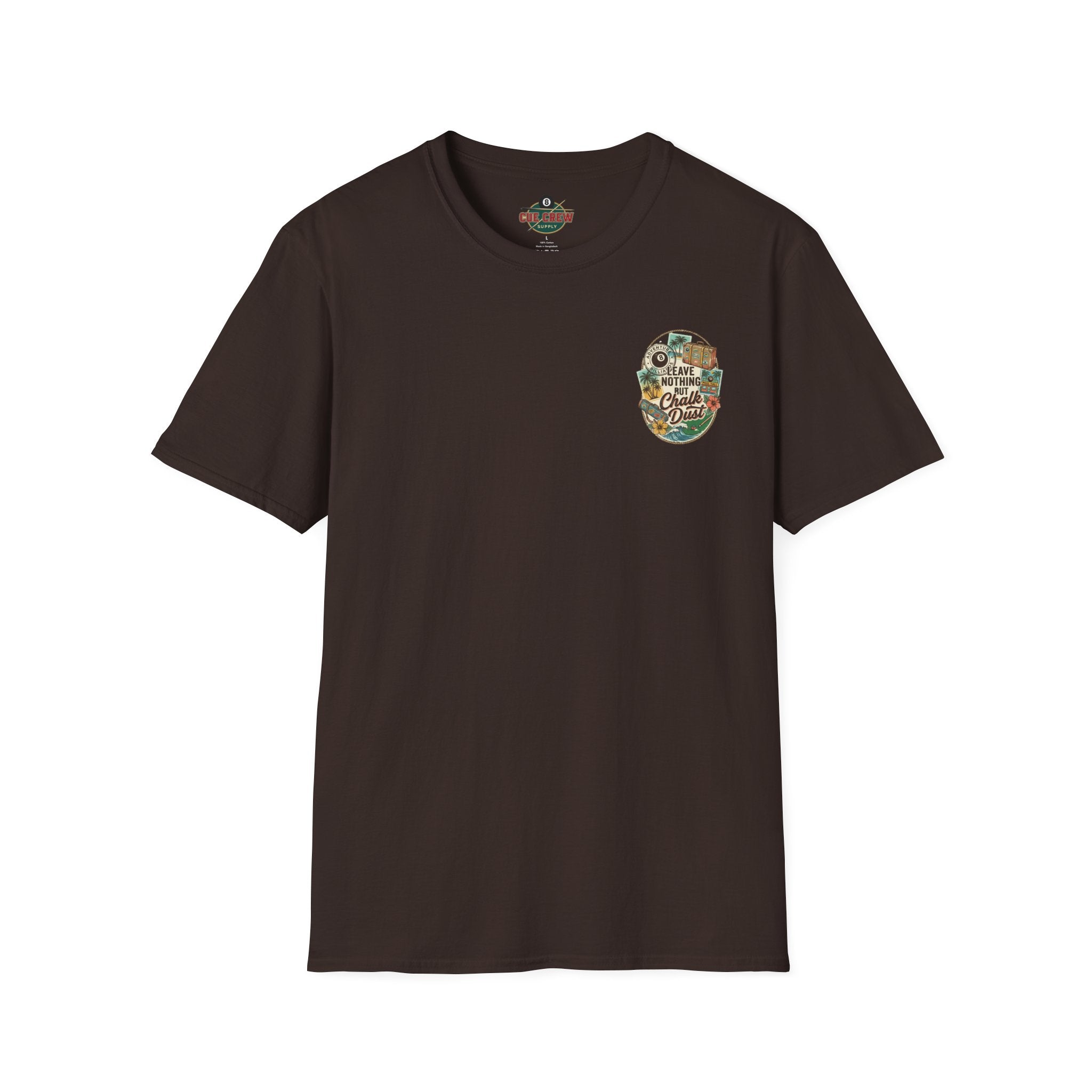 Leave Nothing But Chalk Dust | Tropical Pool Hall Vacation Billiards T-Shirt | Front & Back Graphic Tee