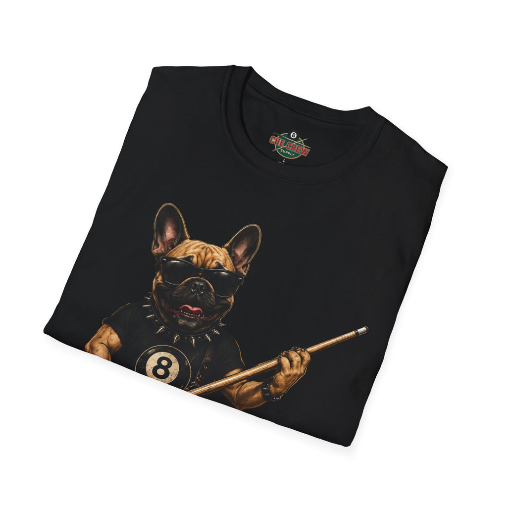 Rockin' French Bulldog Playing Cue Guitar Funny Billiards T-Shirt | Pool Dog Graphic Front Print Unisex Tee