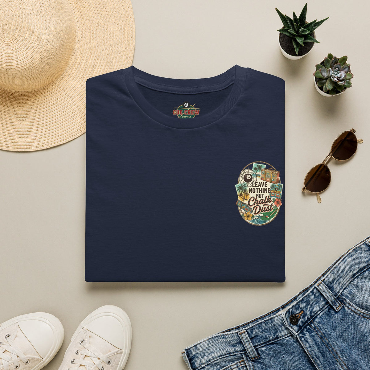 Leave Nothing But Chalk Dust | Tropical Pool Hall Vacation Billiards T-Shirt | Front & Back Graphic Tee