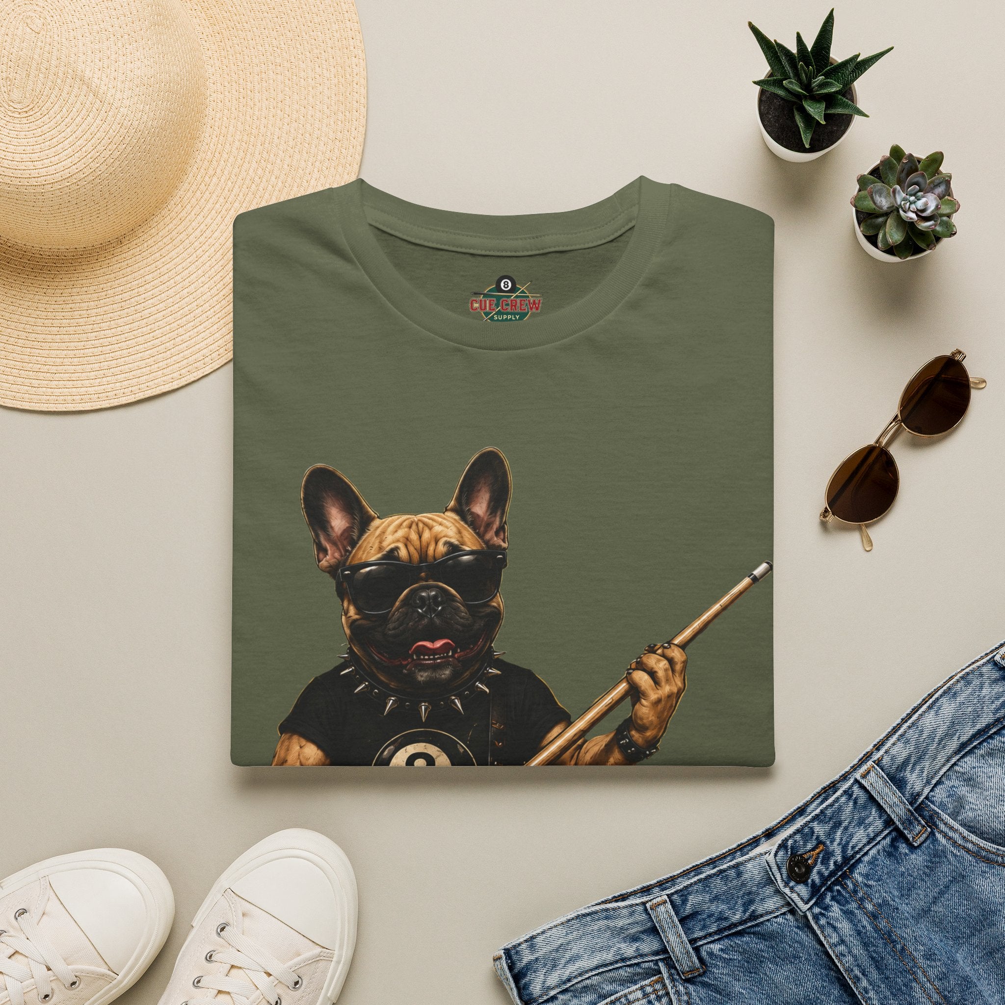 Rockin' French Bulldog Playing Cue Guitar Funny Billiards T-Shirt | Pool Dog Graphic Front Print Unisex Tee