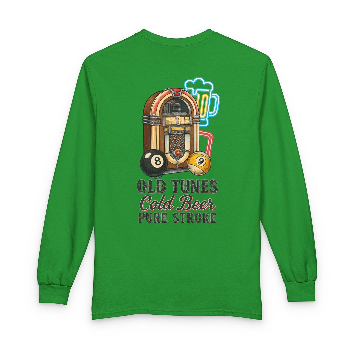 Old Tunes, Cold Beer, Pure Stroke Vintage Jukebox Billiards Long Sleeve Tee