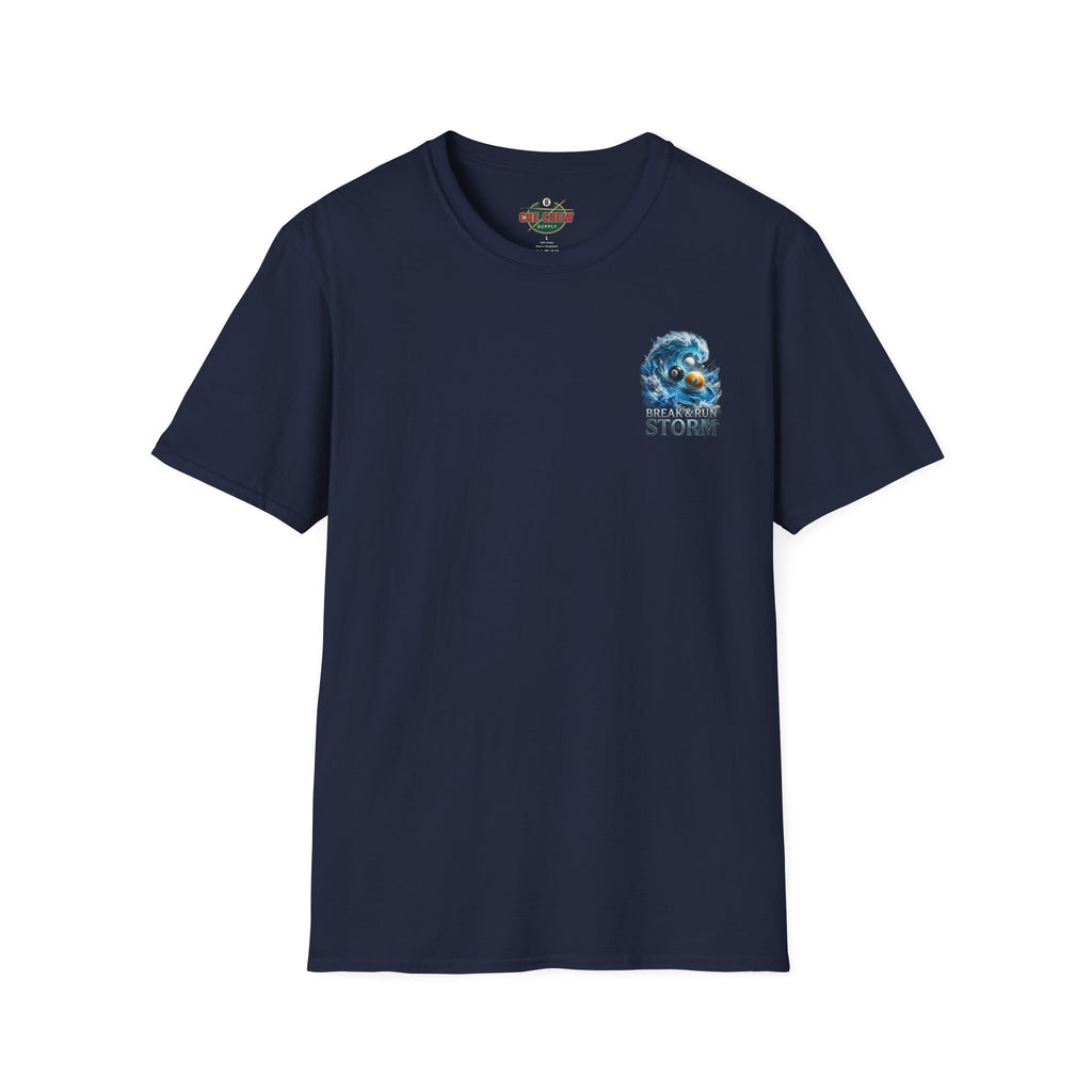 Break & Run Storm Billiards T-Shirt | Ocean Wave Pool Player Graphic Tee | Front & Back Print