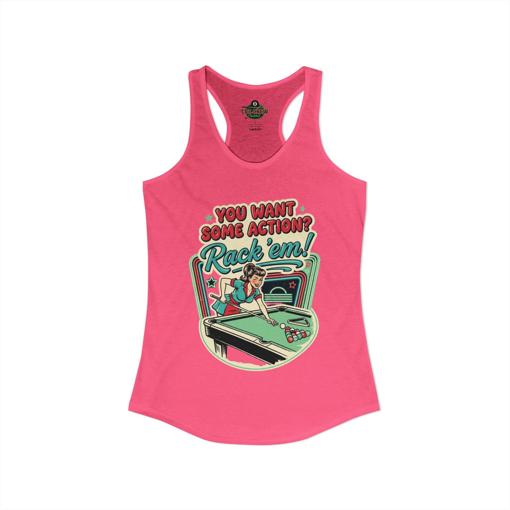 Rack ’Em! Women’s Racerback Tank Top – Retro Pool Player Graphic