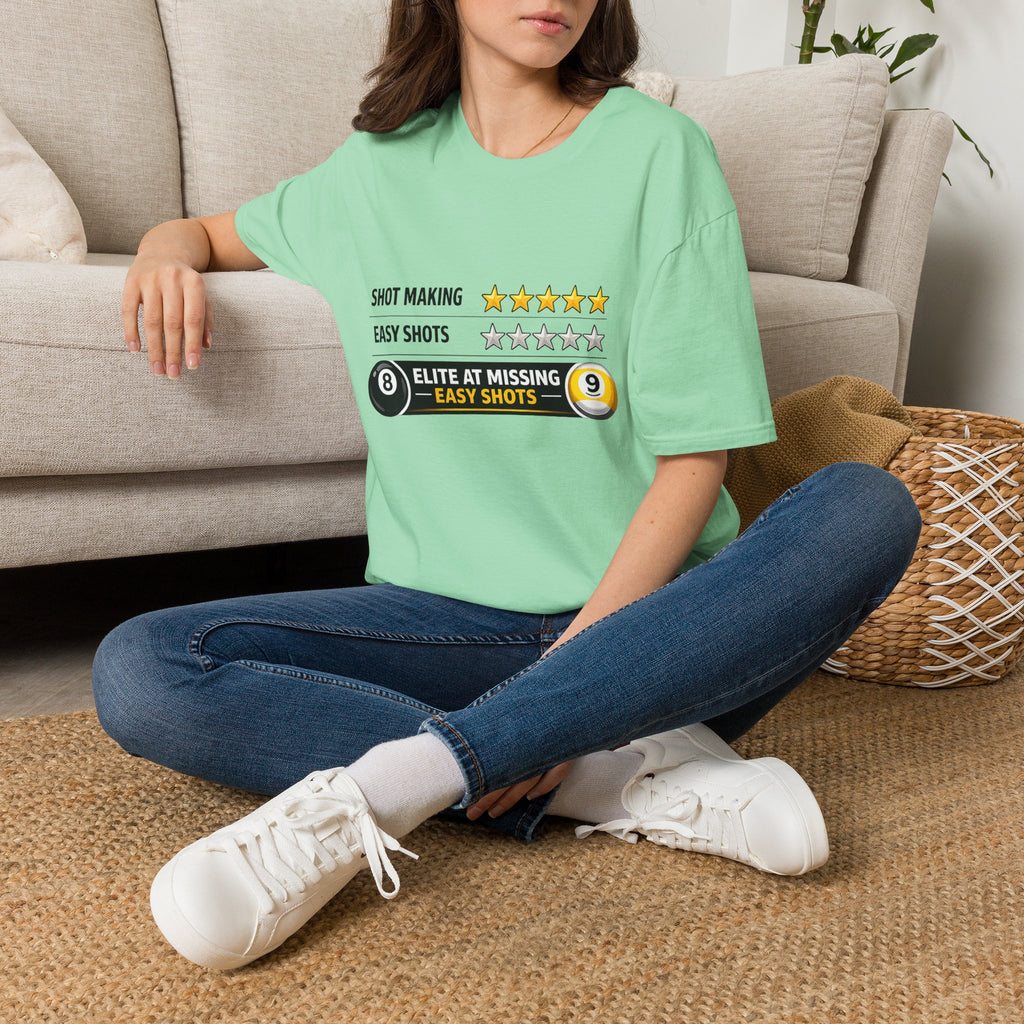 Elite At Missing Easy Shots Funny Billiards T-Shirt | 8 Ball & 9 Ball Graphic Unisex Tee | Front Print Only