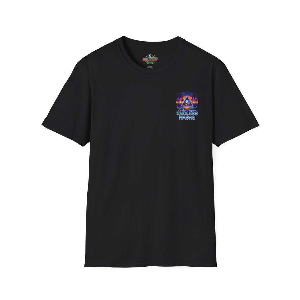 Endless Summer Endless Racks Billiards T-Shirt | Retro Sunset Pool Player Graphic Tee | Tropical 8 Ball Beach Vibes Shirt