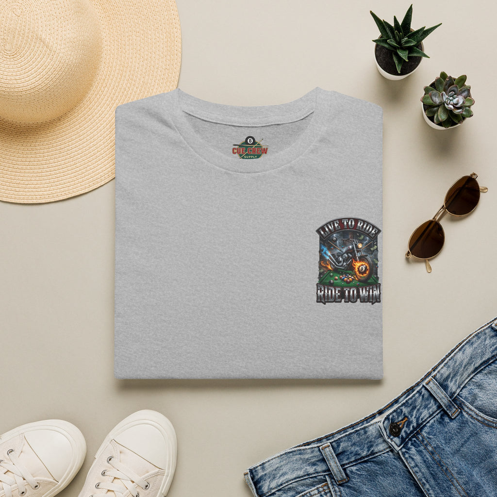 Live to Ride. Ride to Win. Biker Billiards T-Shirt | Motorcycle Pool Player Graphic Tee | Front & Back Print