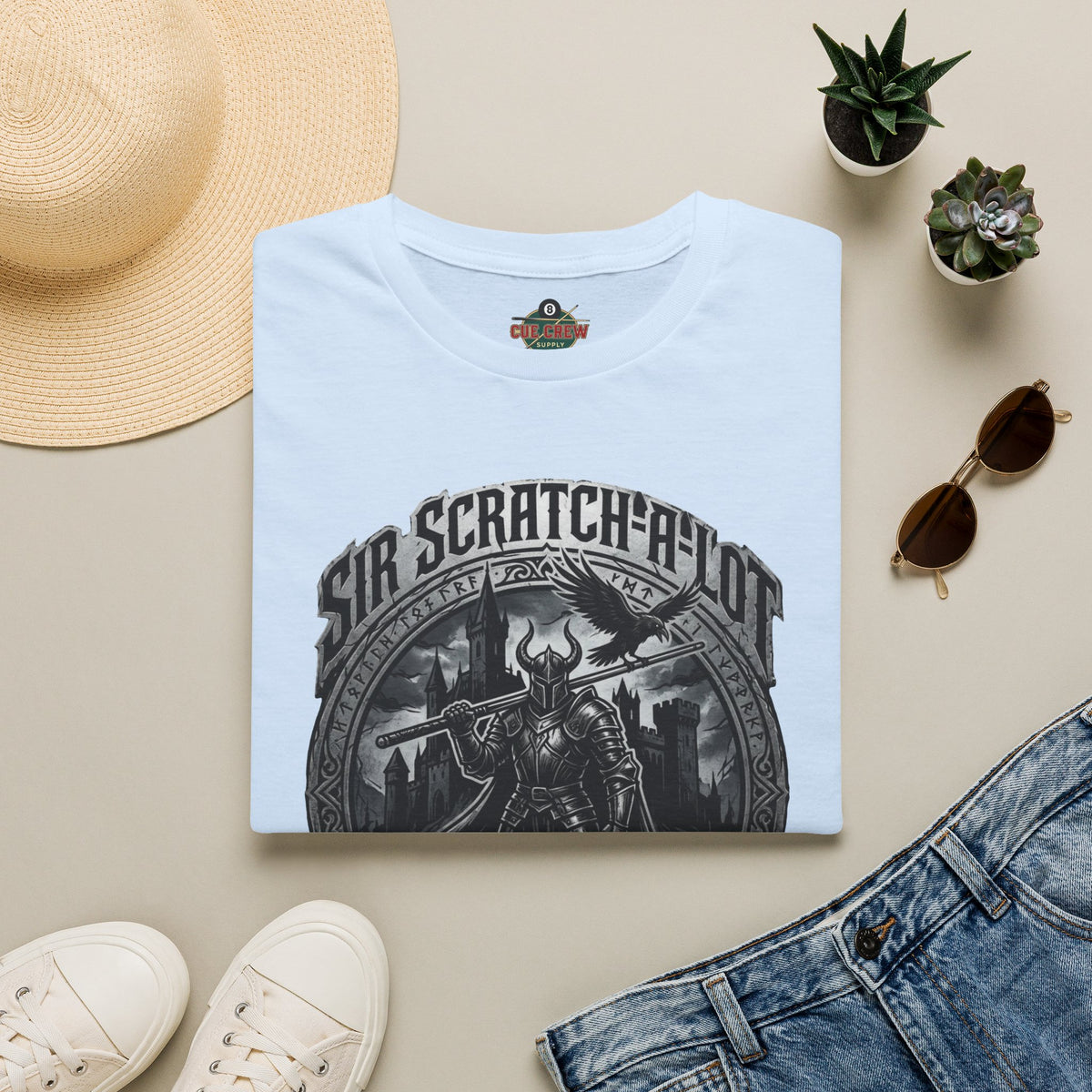 Sir Scratch-A-Lot Funny Billiards T-Shirt | Medieval Pool Knight Graphic | Front Only Print Unisex Tee