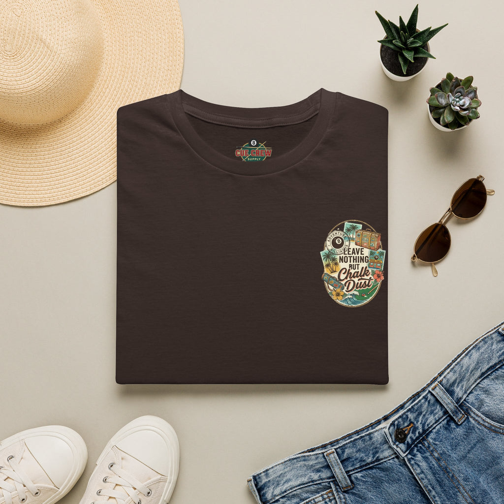 Leave Nothing But Chalk Dust | Tropical Pool Hall Vacation Billiards T-Shirt | Front & Back Graphic Tee