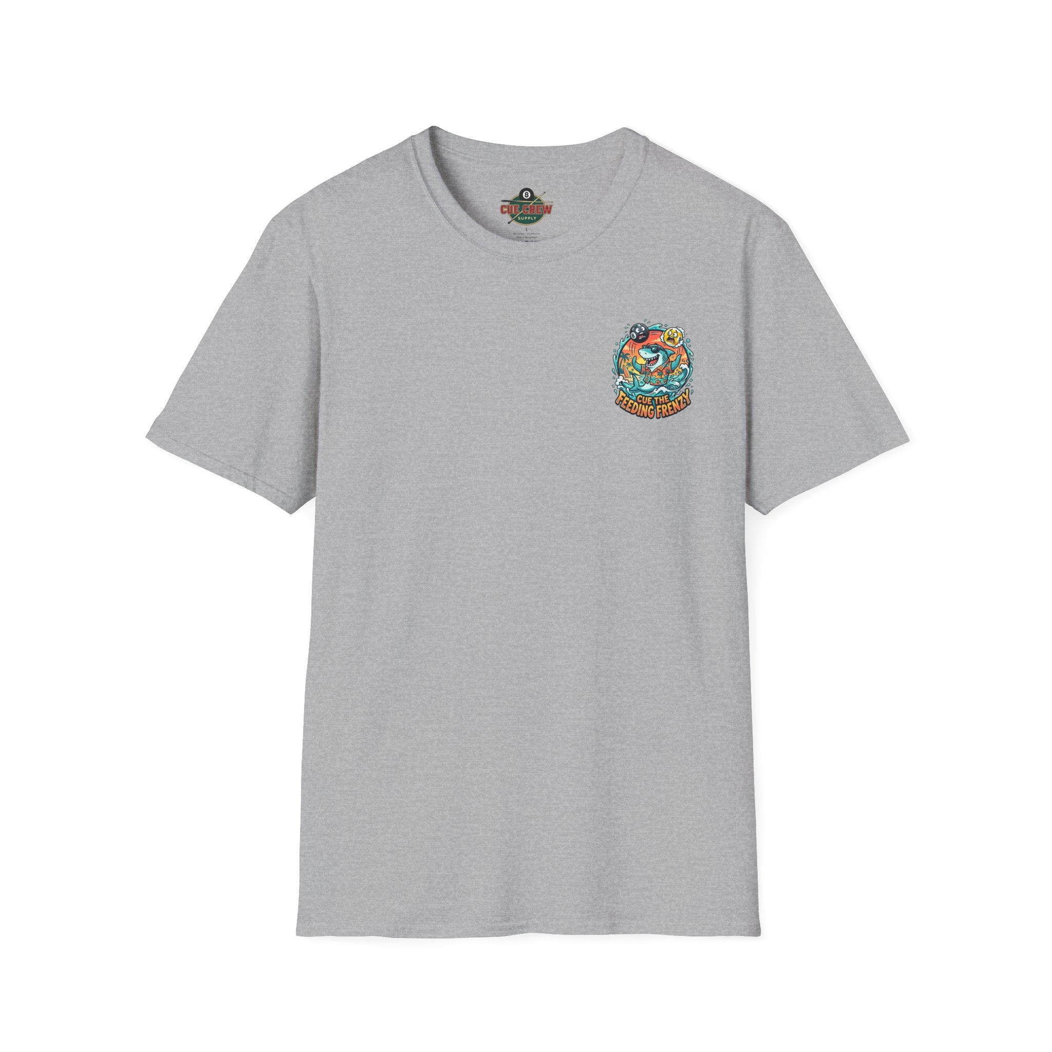 Cue the Feeding Frenzy Shark Billiards T-Shirt | Tropical Pool Player Graphic Tee | Front & Back Print