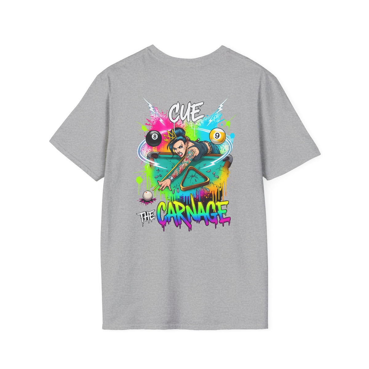 Cue the Carnage Funny Billiards T-Shirt – Tattooed Pool Shark Graphic Tee | Front & Back Print