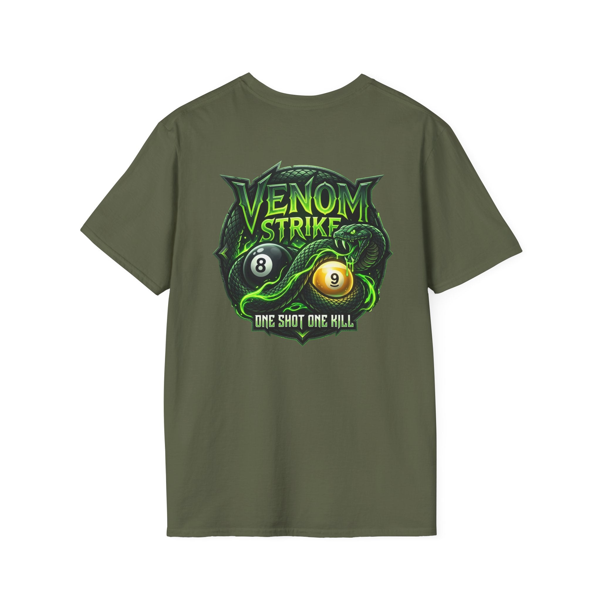 Venom Strike Snake Billiards T-Shirt | One Shot One Kill Pool Player Graphic Tee | Front & Back Print