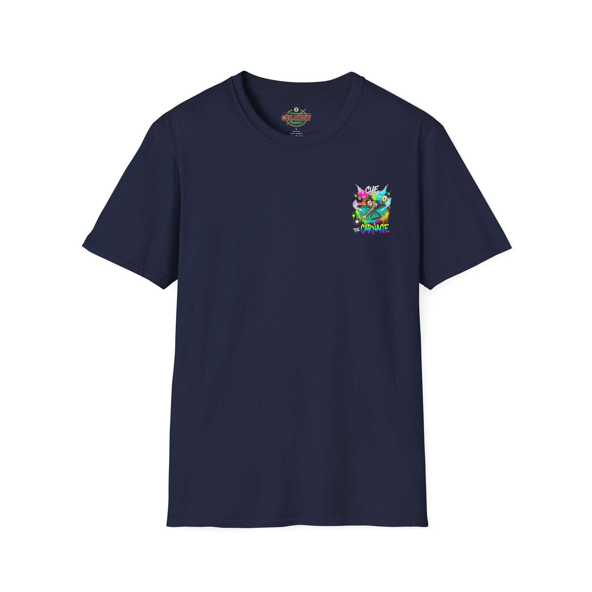 Cue the Carnage Funny Billiards T-Shirt – Tattooed Pool Shark Graphic Tee | Front & Back Print