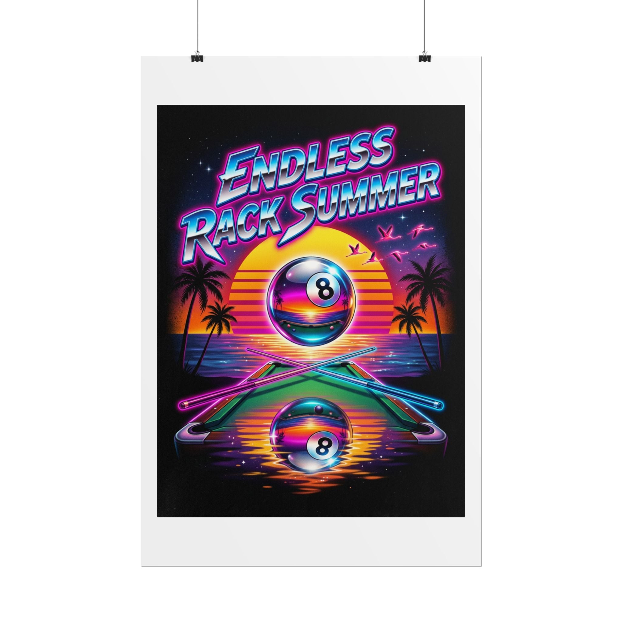 Endless Rack Summer Retro Sunset Billiards Poster | 24x36" Vintage Neon 8 Ball Pool Wall Art | Pool Hall Decor