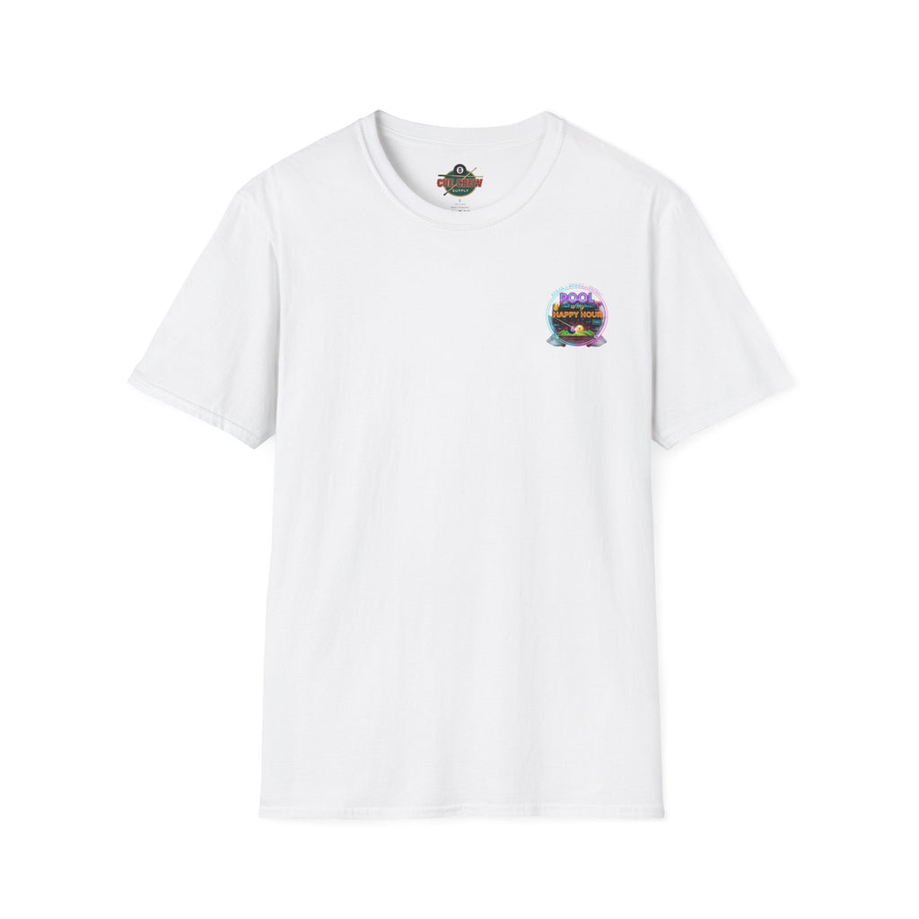 Pool Is My Happy Hour Funny Billiards T-Shirt | Neon Pool Hall Graphic Tee | Front & Back Print