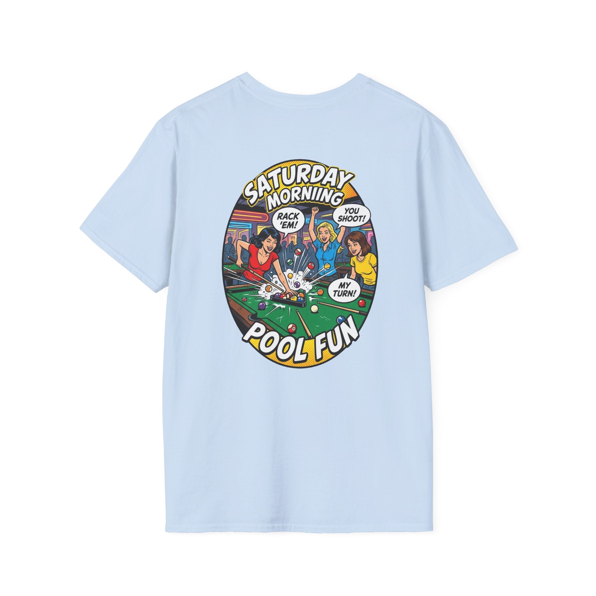 Saturday Morning Pool Fun Retro Comic Billiards T-Shirt | Funny Pool Player Graphic Tee | Front & Back Print