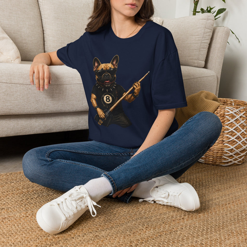 Rockin' French Bulldog Playing Cue Guitar Funny Billiards T-Shirt | Pool Dog Graphic Front Print Unisex Tee