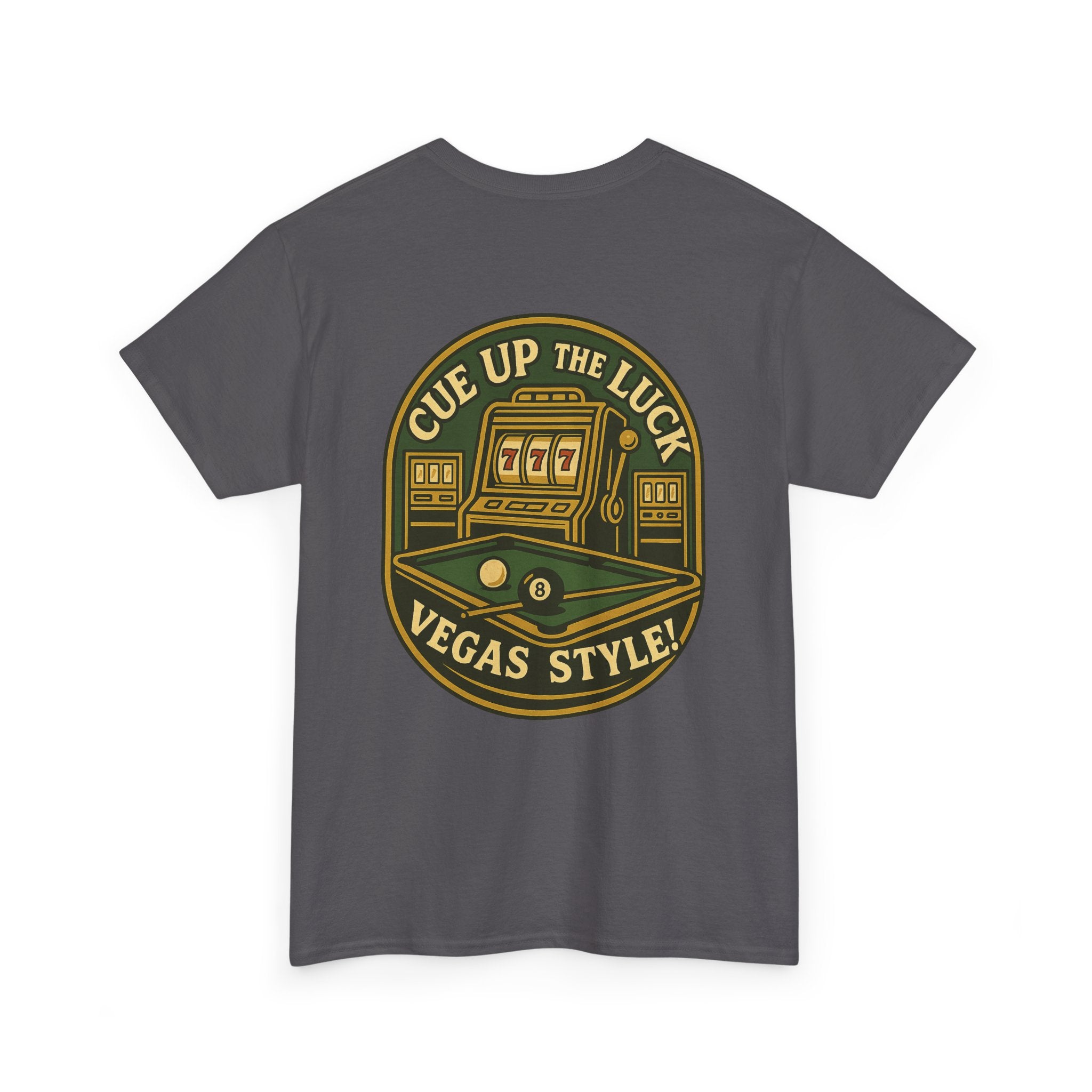 Vegas Style Billiards Tee – Cue Up the Luck  8-Ball Pool & Casino Mashup