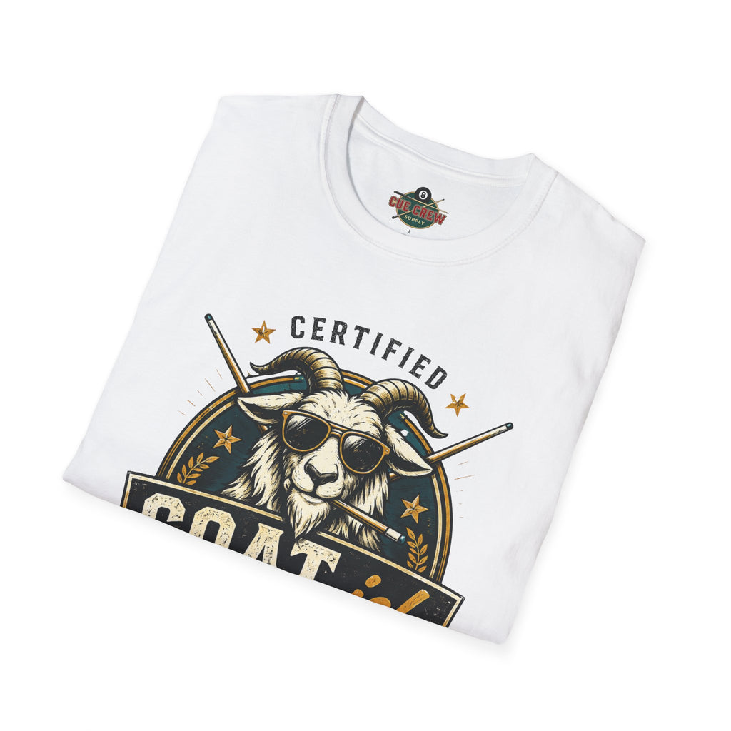 Certified GOAT-ish Funny Billiards T-Shirt | Pool Player Graphic Unisex Tee | 8 Ball Goat Design - Front Only