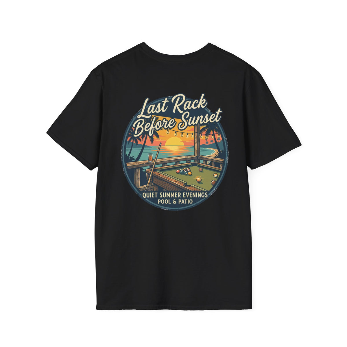 Last Rack Before Sunset Billiards T-Shirt | Tropical Pool Hall Sunset Graphic Tee | Beach Vibes Pool Player Shirt