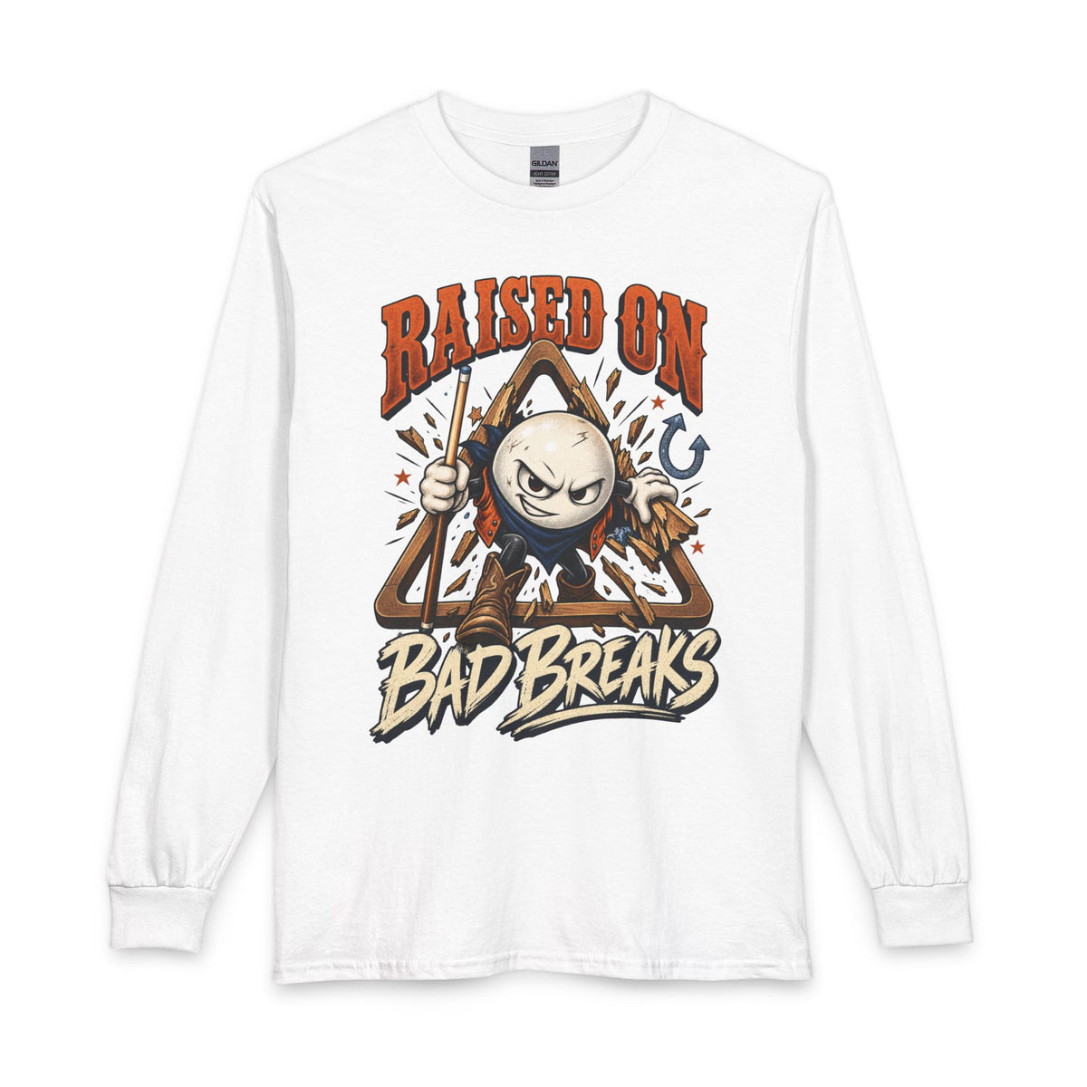 Raised on Bad Breaks – Funny Billiards Long Sleeve T-Shirt – Cue Crew Essentials CCS-ELST-004
