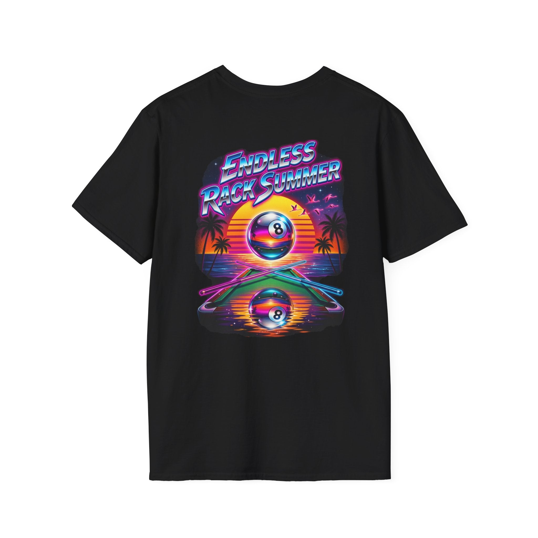 Endless Rack Summer Retro Sunset Billiards T-Shirt | Tropical 8 Ball Pool Player Graphic Tee | Front & Back Print