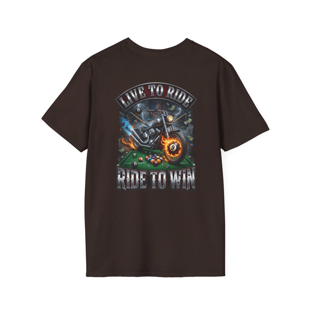 Live to Ride. Ride to Win. Biker Billiards T-Shirt | Motorcycle Pool Player Graphic Tee | Front & Back Print