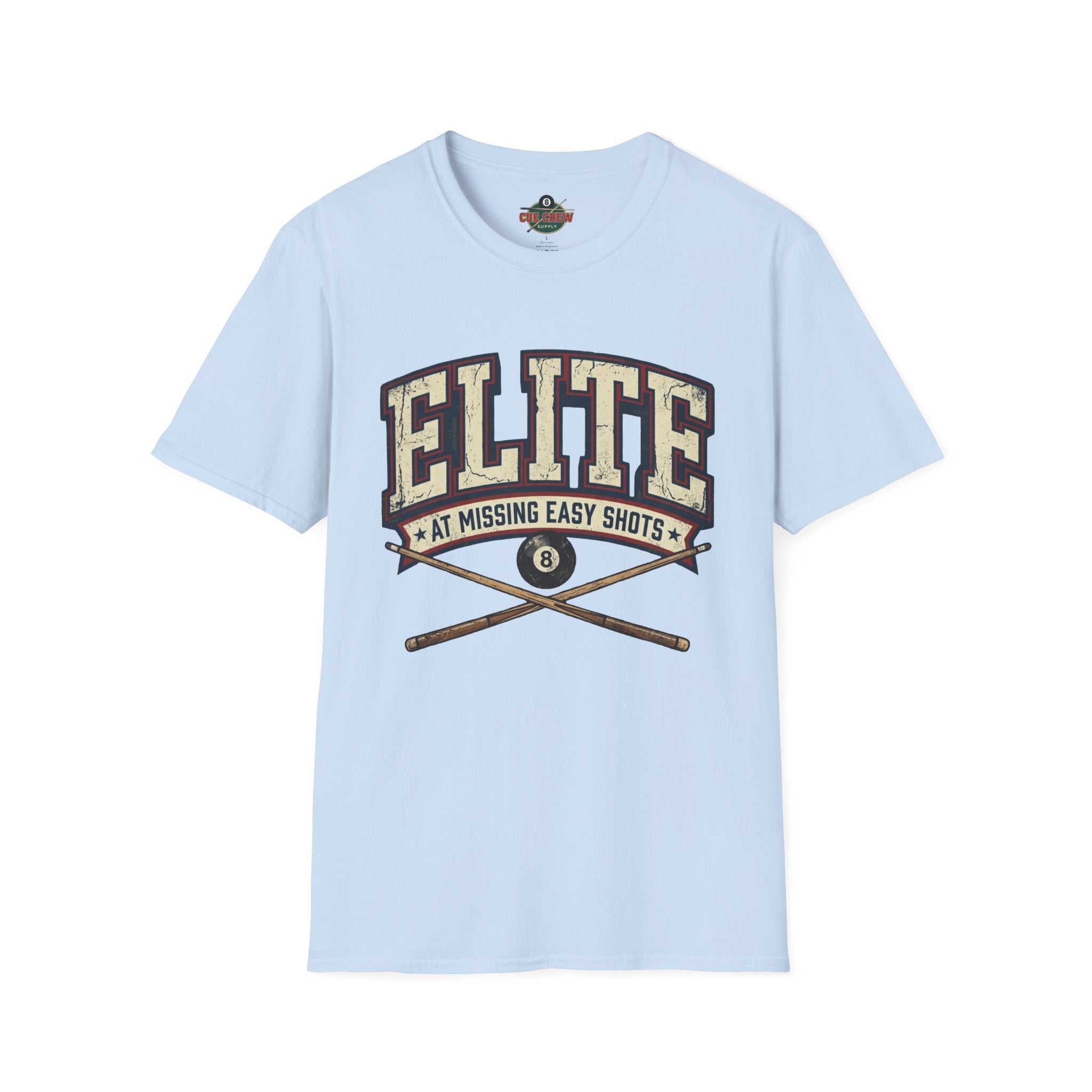 Elite at Missing Easy Shots V2 Funny Billiards T-Shirt | Vintage 8 Ball Pool Player Graphic Unisex Tee