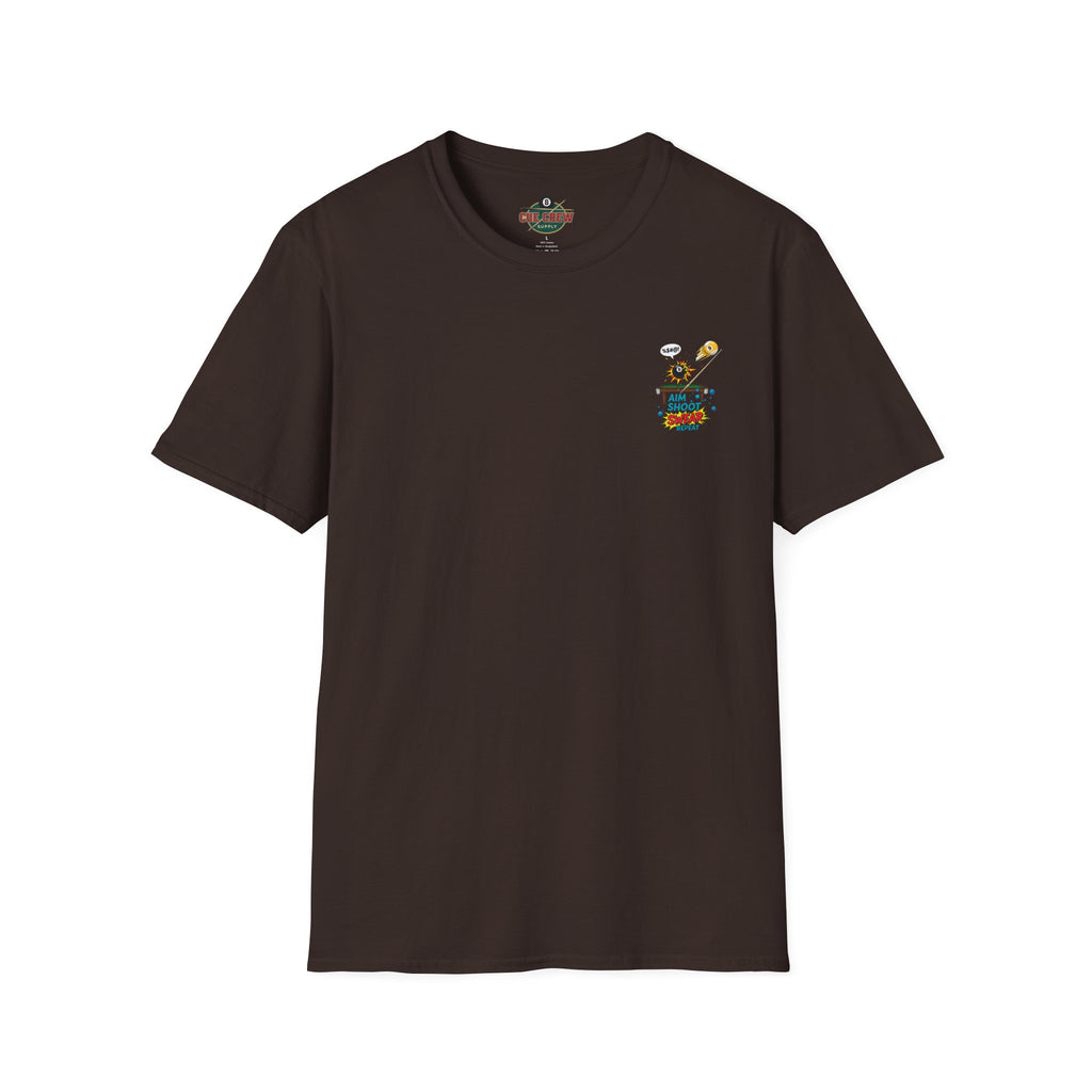 Aim Shoot Swear Repeat Funny Billiards T-Shirt | Comic Pool Player Graphic Tee | Front & Back Print