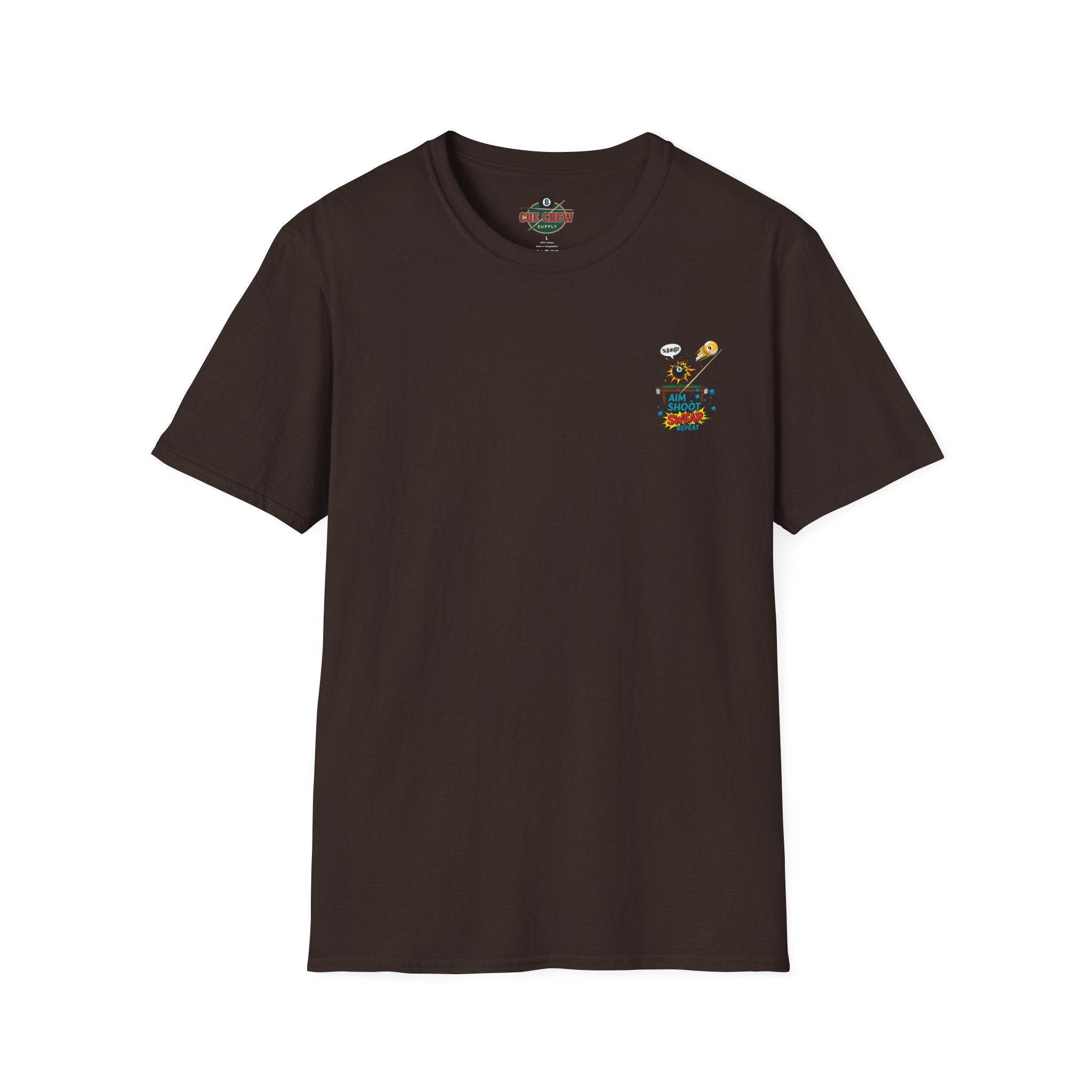 Aim Shoot Swear Repeat Funny Billiards T-Shirt | Comic Pool Player Graphic Tee | Front & Back Print