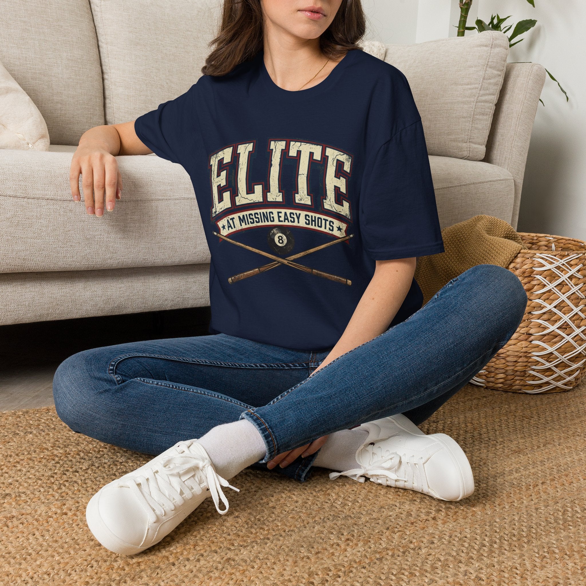 Elite at Missing Easy Shots V2 Funny Billiards T-Shirt | Vintage 8 Ball Pool Player Graphic Unisex Tee