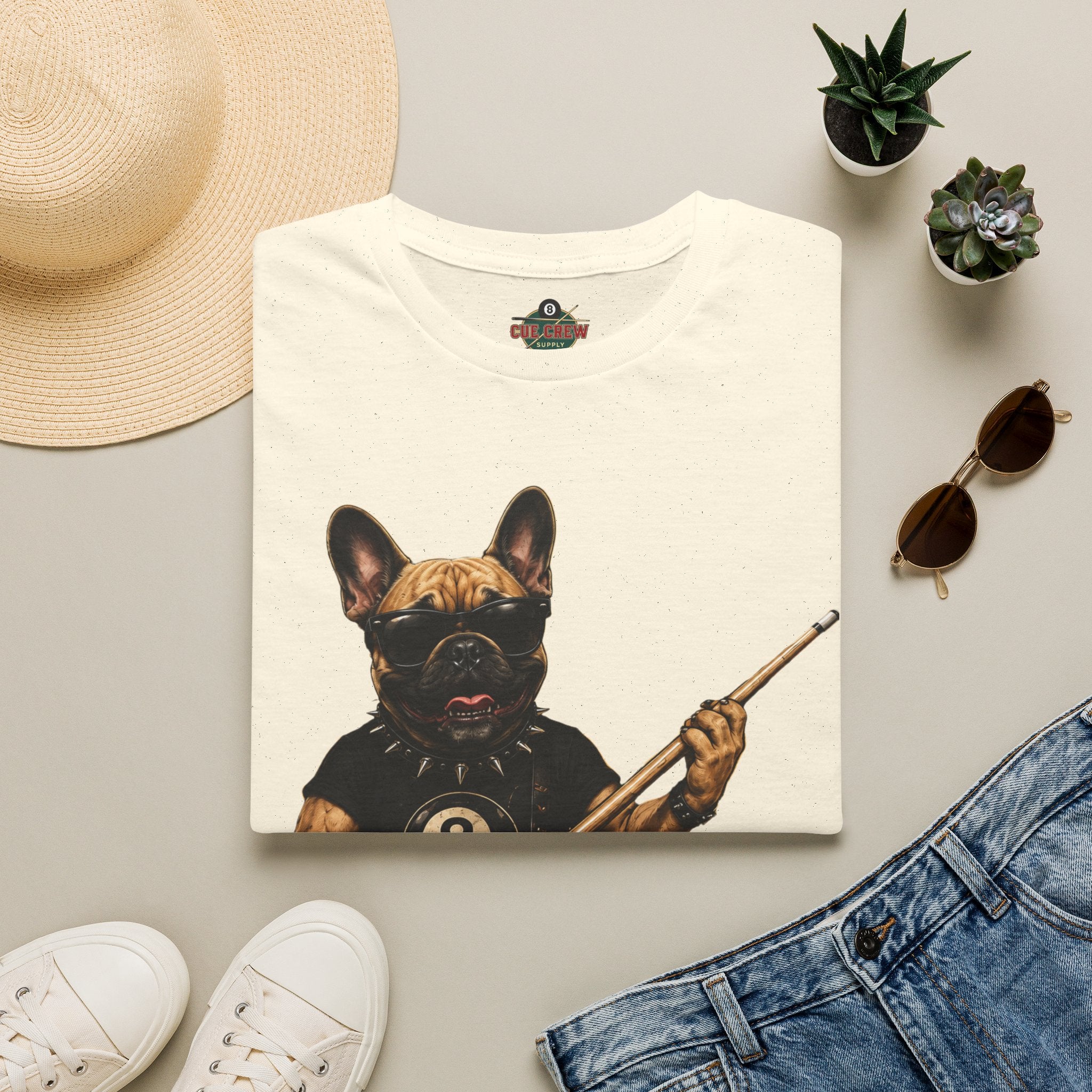 Rockin' French Bulldog Playing Cue Guitar Funny Billiards T-Shirt | Pool Dog Graphic Front Print Unisex Tee
