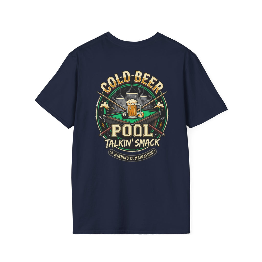 Cold Beer, Pool & Talkin' Smack Billiards T-Shirt | Funny Pool Player Graphic Tee | Front & Back Print