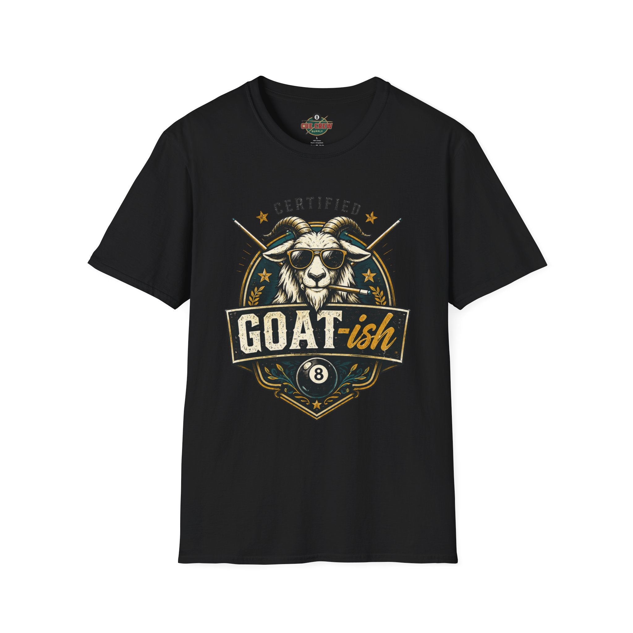 Certified GOAT-ish Funny Billiards T-Shirt | Pool Player Graphic Unisex Tee | 8 Ball Goat Design - Front Only