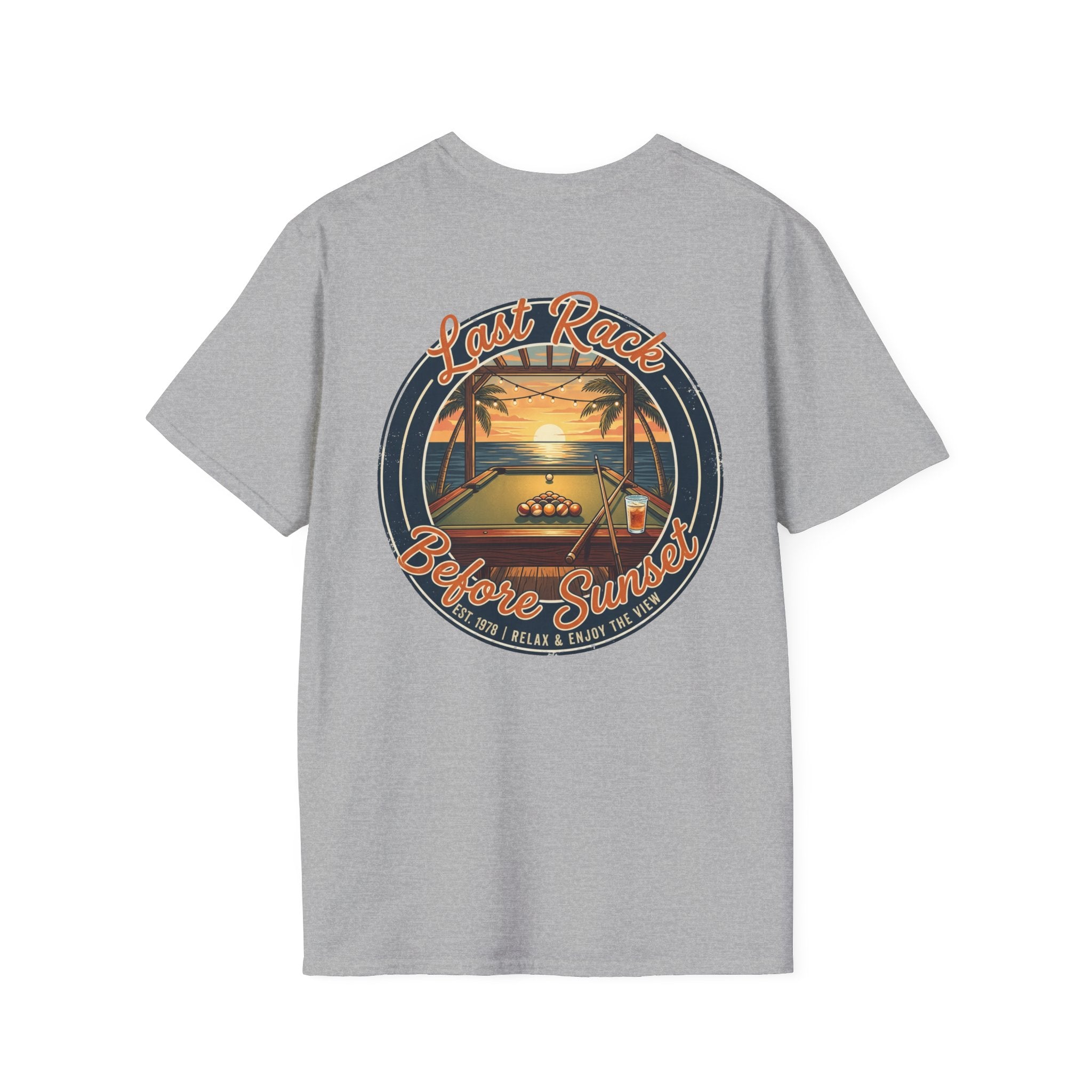 Last Rack Before Sunset Billiards T-Shirt | Tropical Pool Player Beach Graphic Tee | Front & Back Print