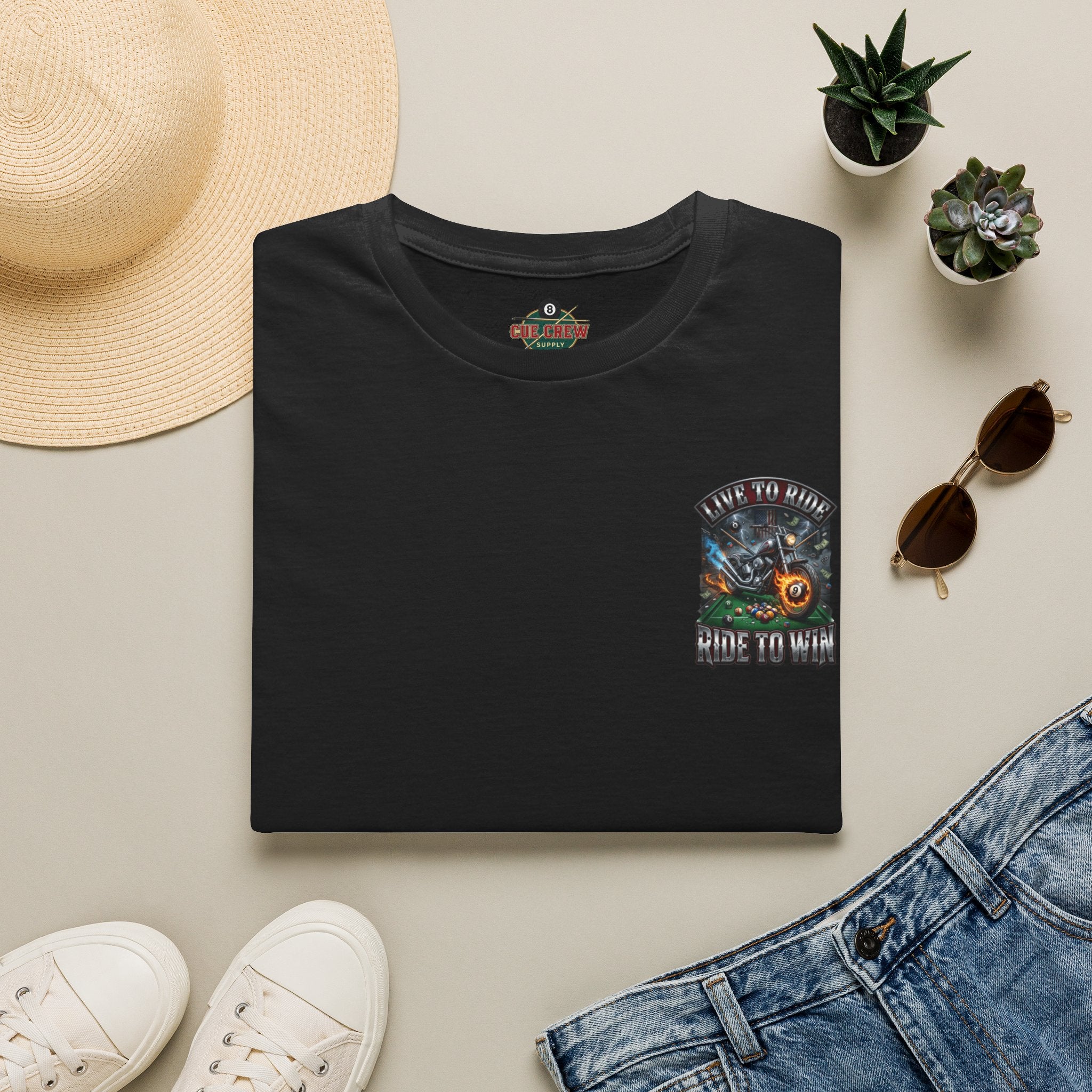 Live to Ride. Ride to Win. Biker Billiards T-Shirt | Motorcycle Pool Player Graphic Tee | Front & Back Print