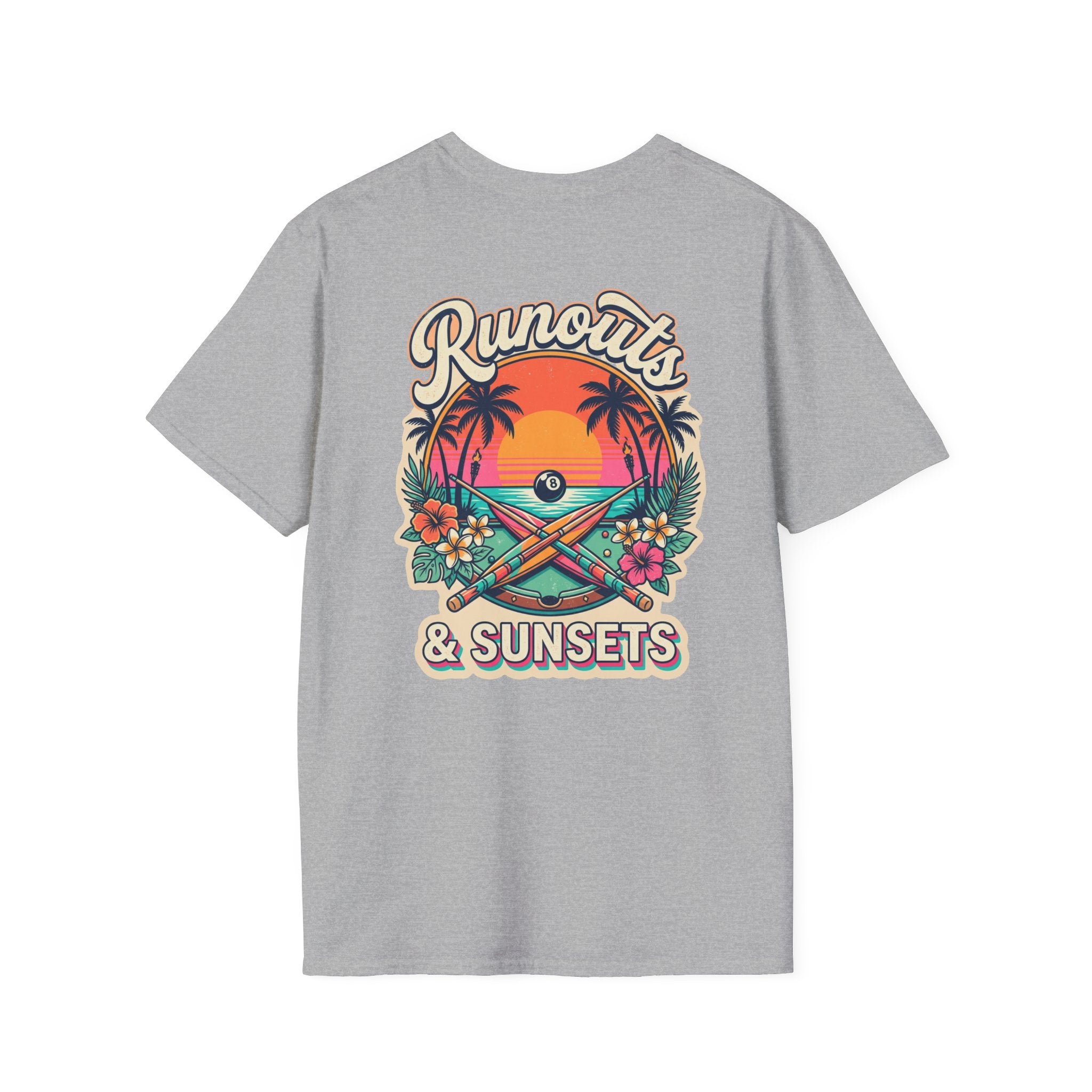 Runouts & Sunsets Tropical Billiards T-Shirt | Beach Pool Player Graphic Tee | Front & Back Print
