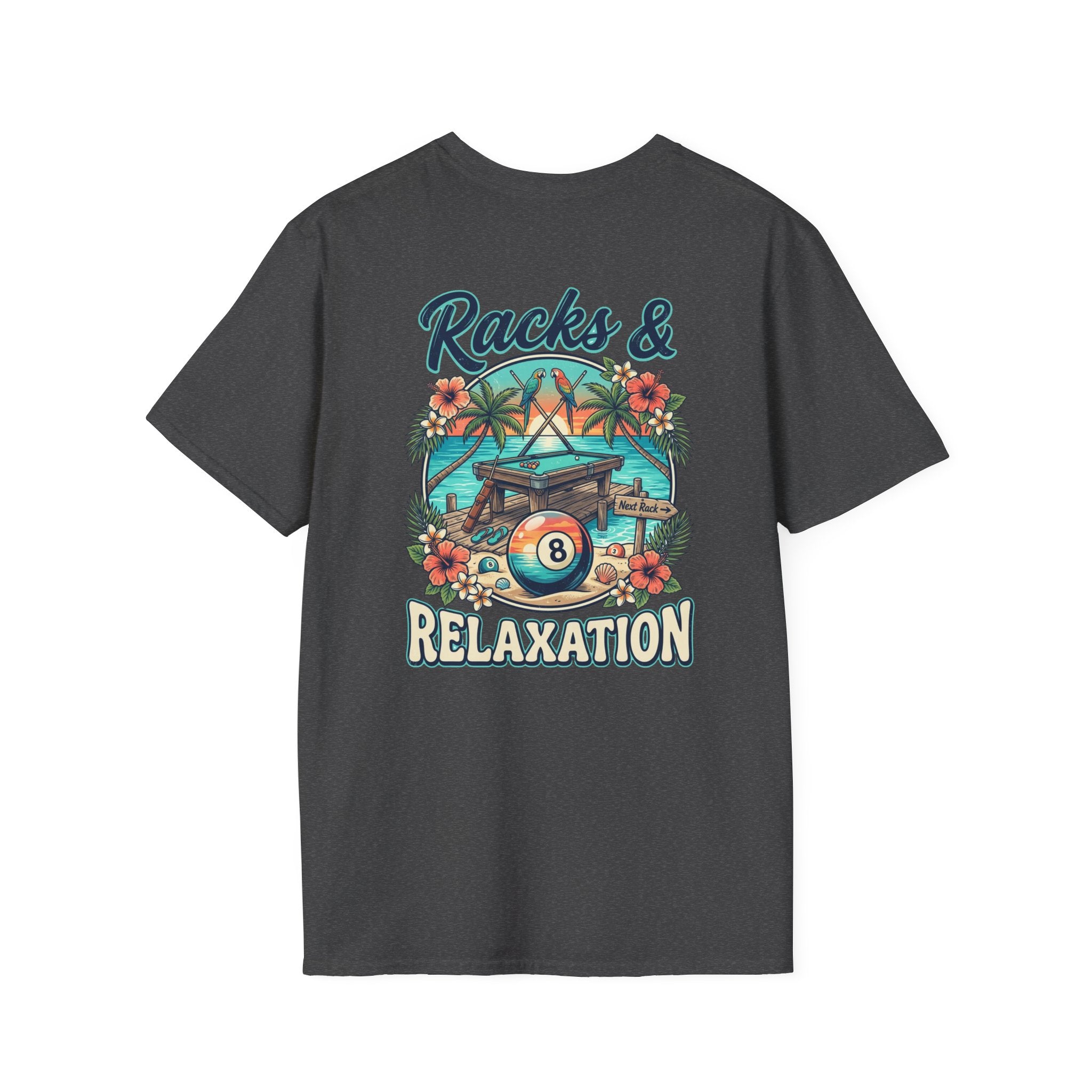 Racks & Relaxation Tropical Billiards T-Shirt | Beach Pool Player Graphic Tee | Front & Back Print